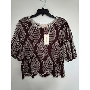 Solitaire Embroidered Leaf Puff Sleeve Blouse Brown XL NWT 23-700